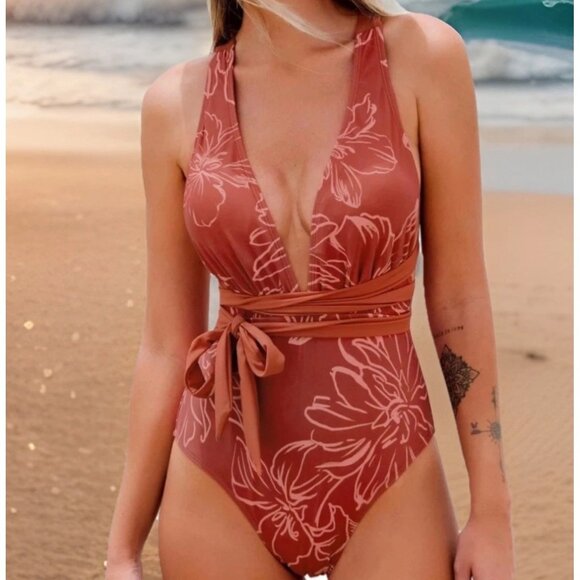 Cupshe Women’s XL One Piece Swimsuit Red Floral Deep V Neck Crisscross Tie Waist - Picture 1 of 8